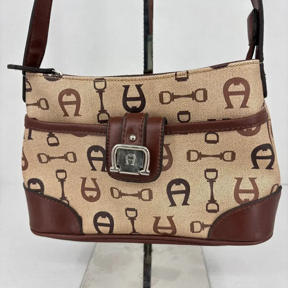 Etienne Aigner Handbag Tan Brown Canvas Leather Trim‎ Traditional Logo